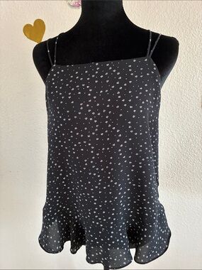 Black Ditsy-Print Double-Strap Ruffle Hem Camisole